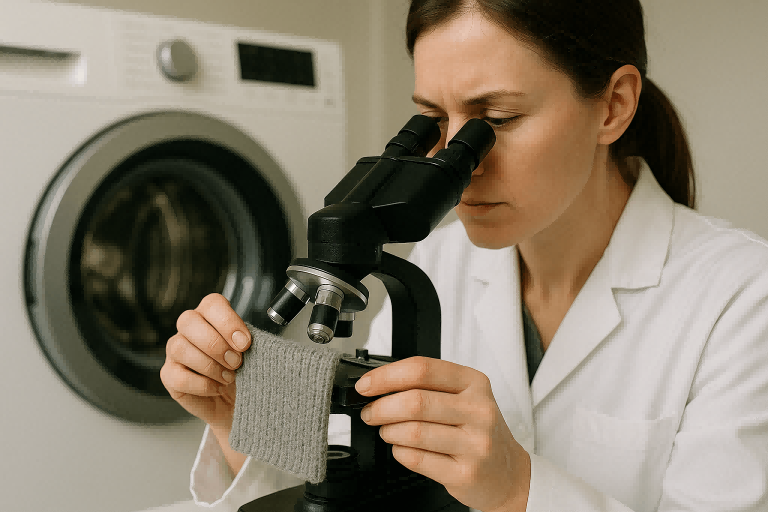 A lab technician inspecting a knitted swatch for pilling and shrinkage next to a washing machine.
